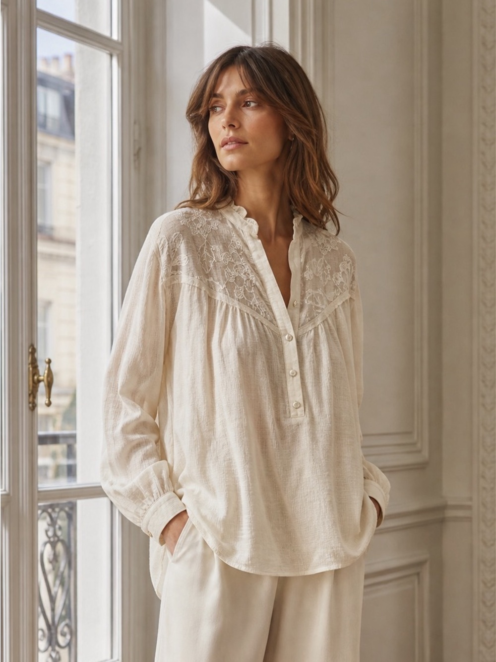 Zara Cream Lace Yoke Button-Front Blouse size Small